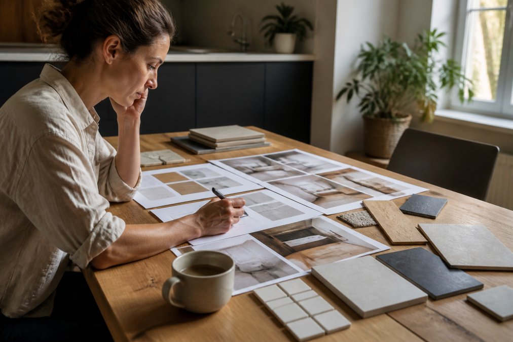 Huiseigenaar zit aan tafel met renovatieplannen, moodboards met kleurenpaletjes, en verschillende materiaalmonsters voor tegels en houtwerk, bestuderend met pen in hand onder warm daglicht