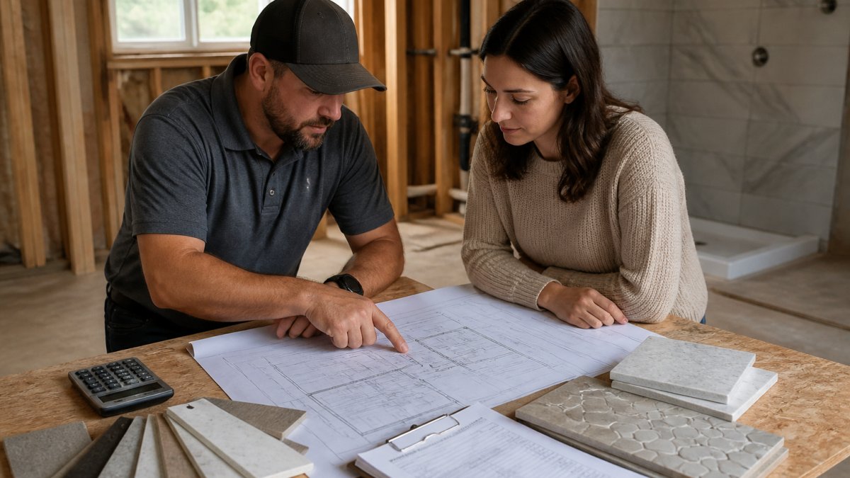 Professional contractor and homeowner reviewing architectural blueprints and material samples together at a jobsite table with calculator, cost estimate papers, and tile samples in natural daylight