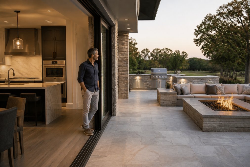 Diagram illustrating the design steps to create a seamless transition between kitchen and patio spaces