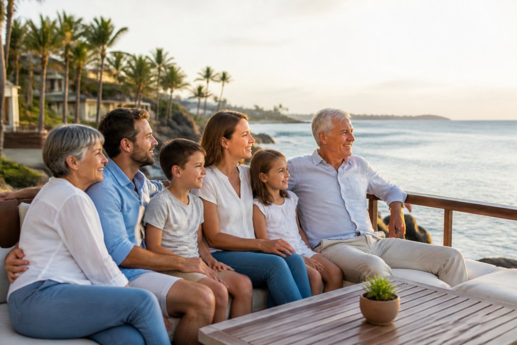 A multigenerational family group, grandparents, parents, and children of varying ages, relaxing together at a beach resort, smiling and enjoying the scenic ocean view in warm afternoon sunlight