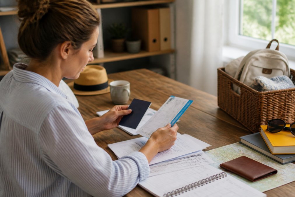 A parent reviewing travel documents, passports, and booking confirmations on a laptop at a home desk with a family vacation checklist and calendar visible nearby, natural window lighting
