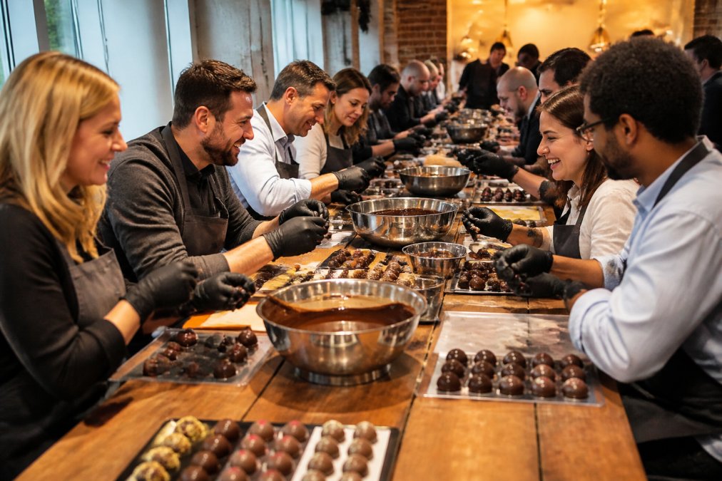 A large group of corporate employees gathered around long wooden tables, hands-on with chocolate-making equipment, laughing and collaborating in a warmly lit event space with finished truffles displayed in front of them