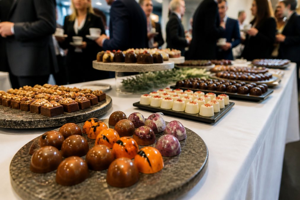 Close-up of an elegantly arranged selection of handmade chocolates and artisan confections on a white-clothed table at a corporate event, with guests visible in soft focus in the background