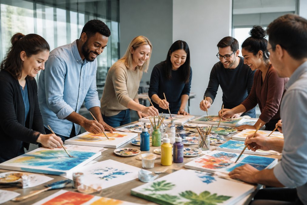 Diverse employees collaborating on a corporate team building painting session in a modern office space