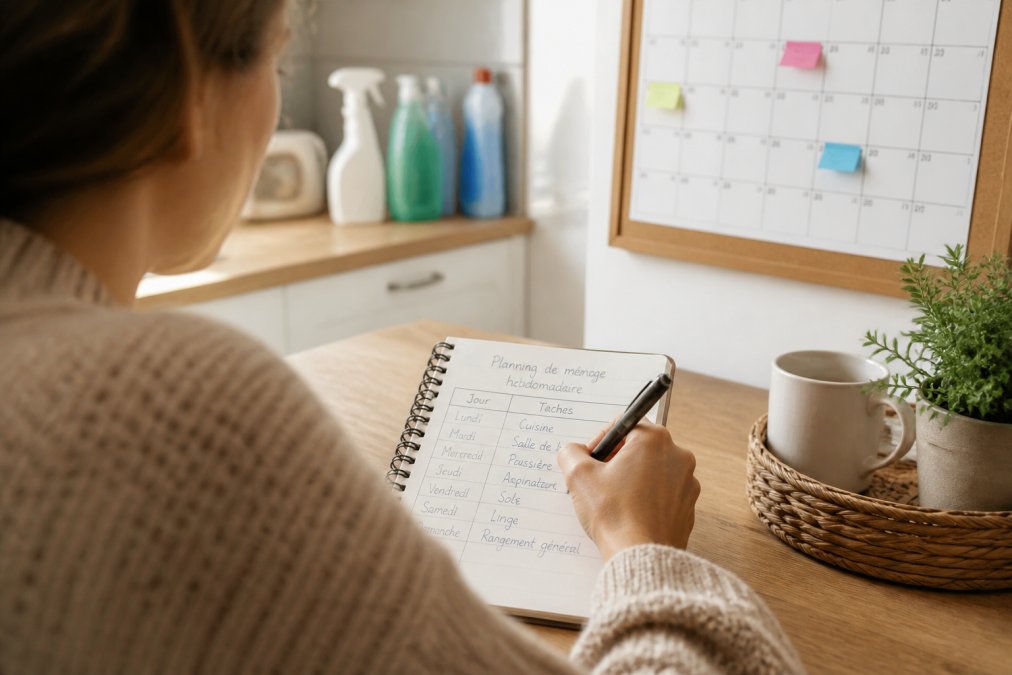 Une personne écrit un planning de ménage hebdomadaire à la main dans un cahier sur une table de cuisine lumineuse, calendrier mural et produits ménagers flous en arrière-plan