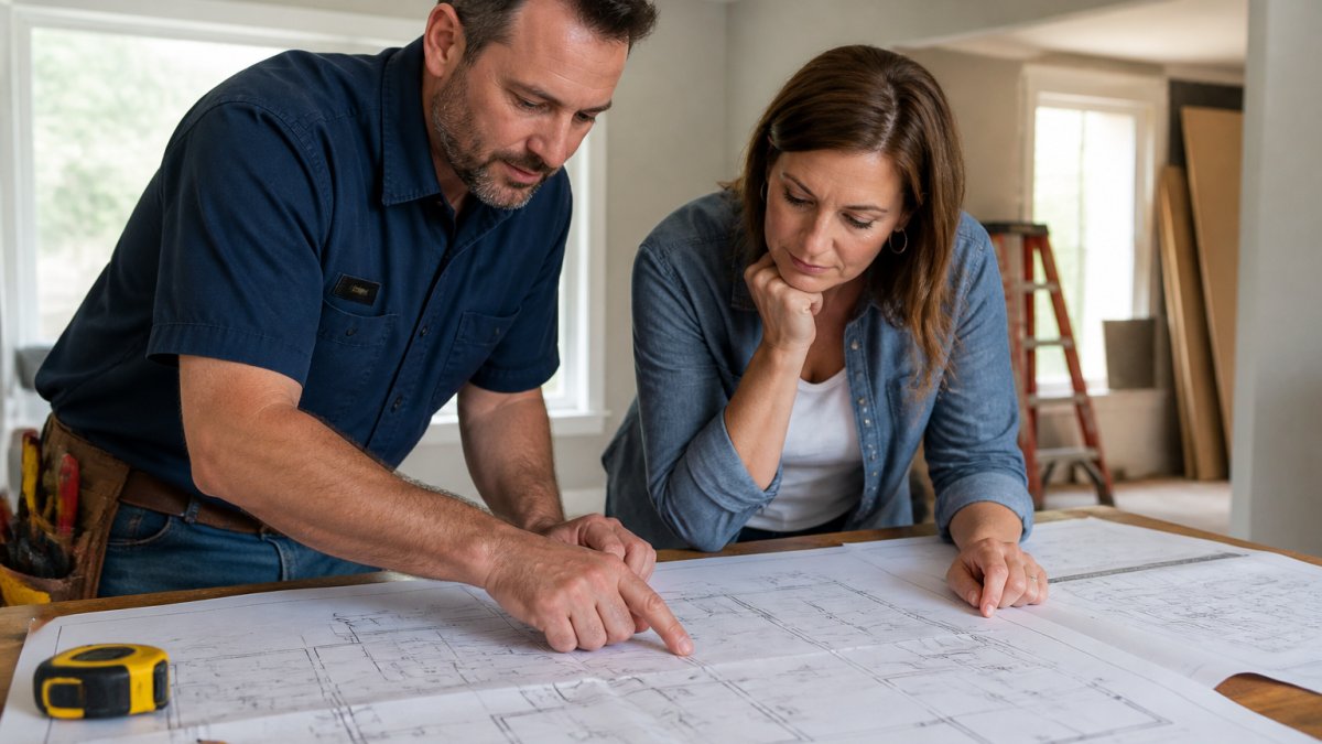 Electrician and homeowner reviewing blueprints and circuit diagrams for planning electrical for home additions