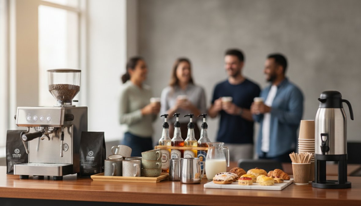 Professional barista preparing specialty coffee drinks at a mobile cart with customers smiling in background during corporate event with natural outdoor lighting