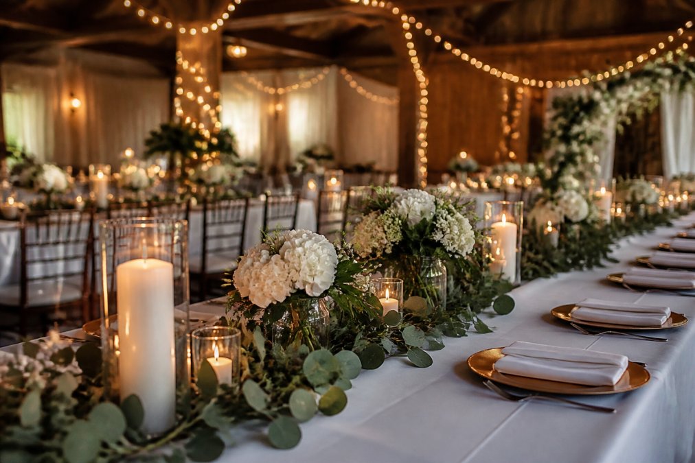 A beautifully styled event table with lush greenery, pillar candles, and small white floral centerpieces arranged on a white linen tablecloth in a warmly lit venue with soft string lights overhead