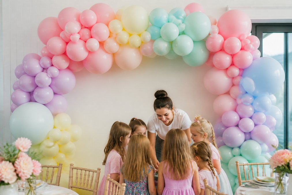 A colorful organic balloon arch in soft pastel tones installed as a focal point backdrop at a children's birthday party, with balloons of varying sizes creating a natural, cloud-like shape against a white wall
