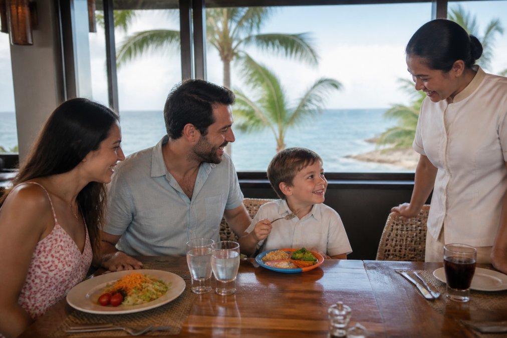 Family of four dining together at a resort restaurant with ocean view, young child smiling while eating a simplified kid-friendly meal on a colorful plate, attentive resort staff member standing nearby, tropical setting with palm trees visible through windows