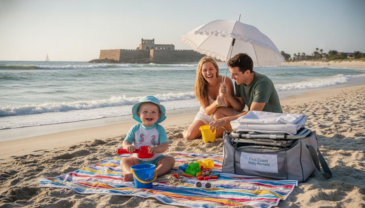 A happy family with a baby enjoying the beach at St. Augustine, with historic Spanish colonial architecture visible in the background, palm trees swaying in the breeze, and gentle waves rolling onto the sandy shore