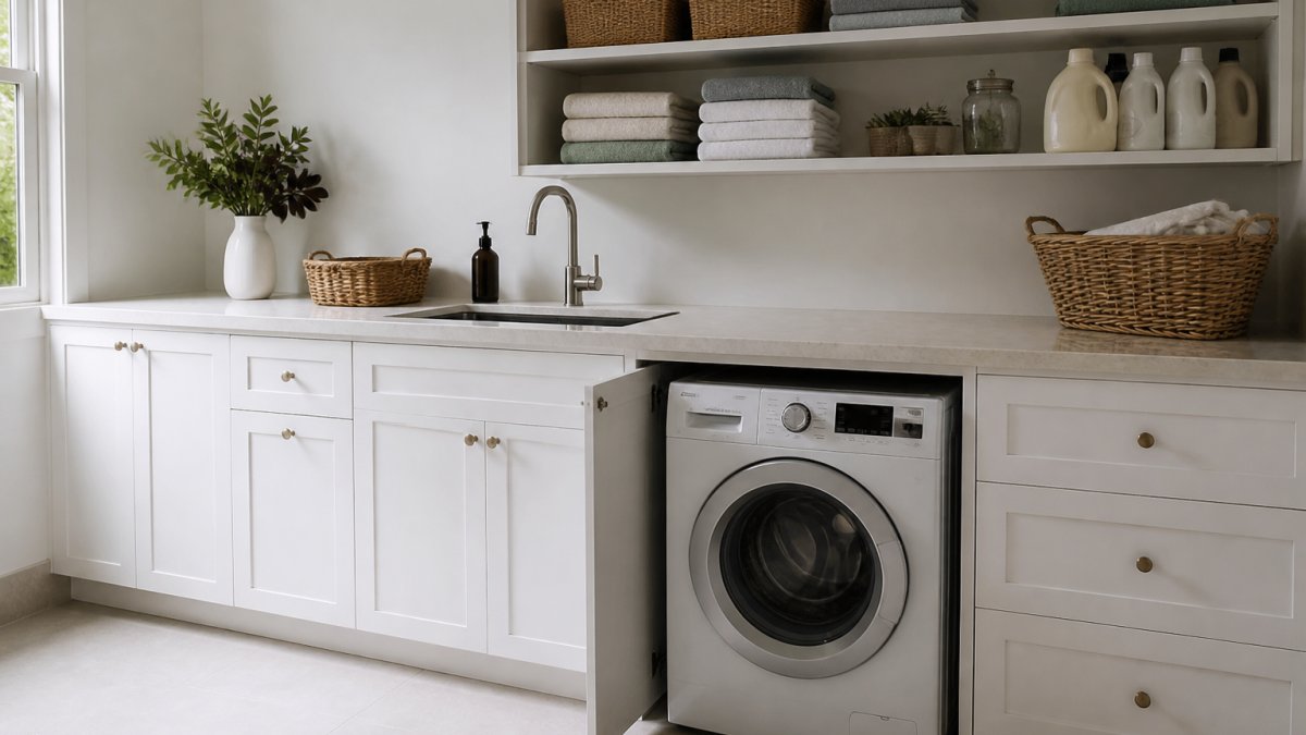 A bright, tidy laundry room with custom built-in cabinetry below a stone worktop, a front-loading washing machine tucked into an open cabinet bay, and neatly stacked folded towels and detergent bottles on open shelves above