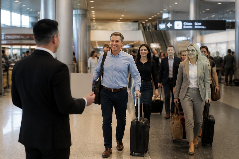 A chauffeur in a dark suit holding a branded sign with a company name, waiting in a bright airport arrivals hall as a group of business travellers approaches with luggage