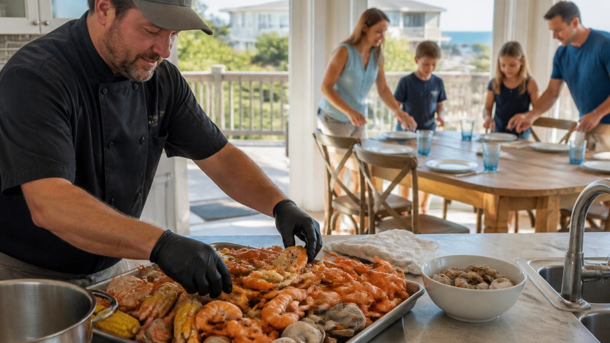 Infographic of the process for ordering Outer Banks meals, featuring a chef preparing a seafood boil dinner.