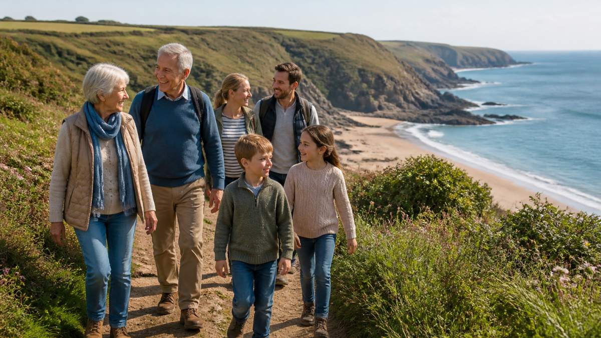 A multi-generational family enjoying a coastal walk on a sunny day in South Devon with cliffs and a sandy beach.