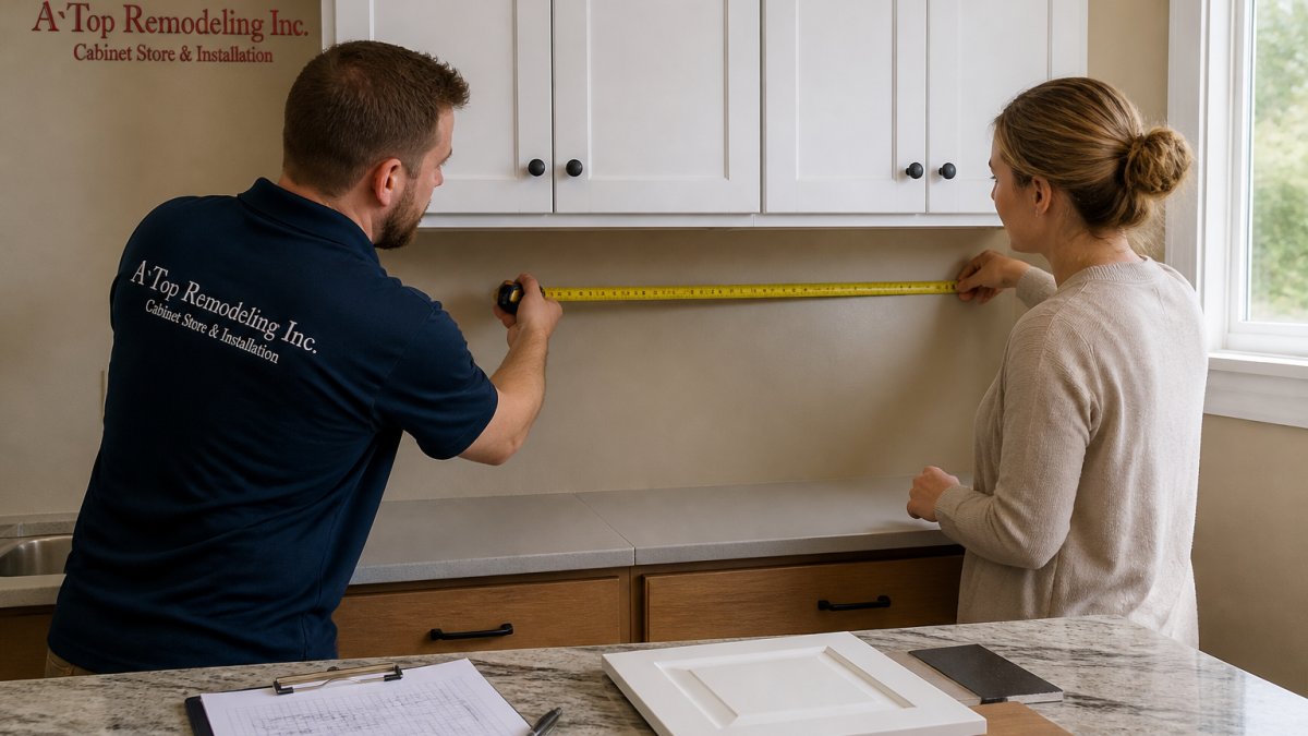 A homeowner and a remodeling contractor measuring a small kitchen wall with a tape measure, a clipboard of measurements and cabinet samples on the counter nearby