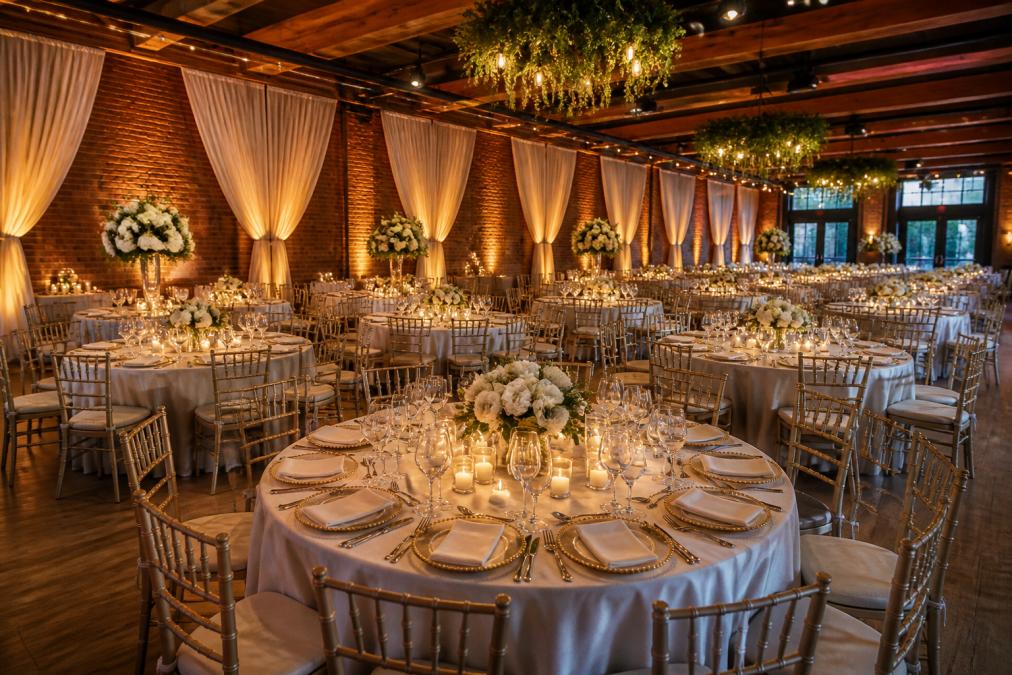 A beautifully decorated wedding reception hall with round tables, white floral centerpieces, soft amber uplighting, and draped ivory fabric along exposed brick walls, set up for a large guest gathering of approximately 150 people