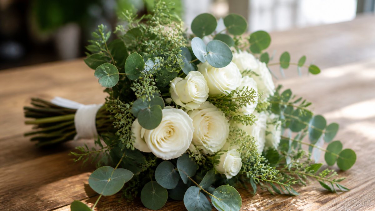Close-up of a bridal bouquet with white roses, lush greenery, and eucalyptus stems arranged on a wooden table in soft natural light