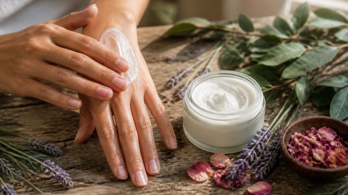 Close-up of hands applying rich moisturizer to skin, with fresh botanical ingredients like lavender sprigs, rose petals, and plant leaves arranged on a natural wooden surface with soft morning light