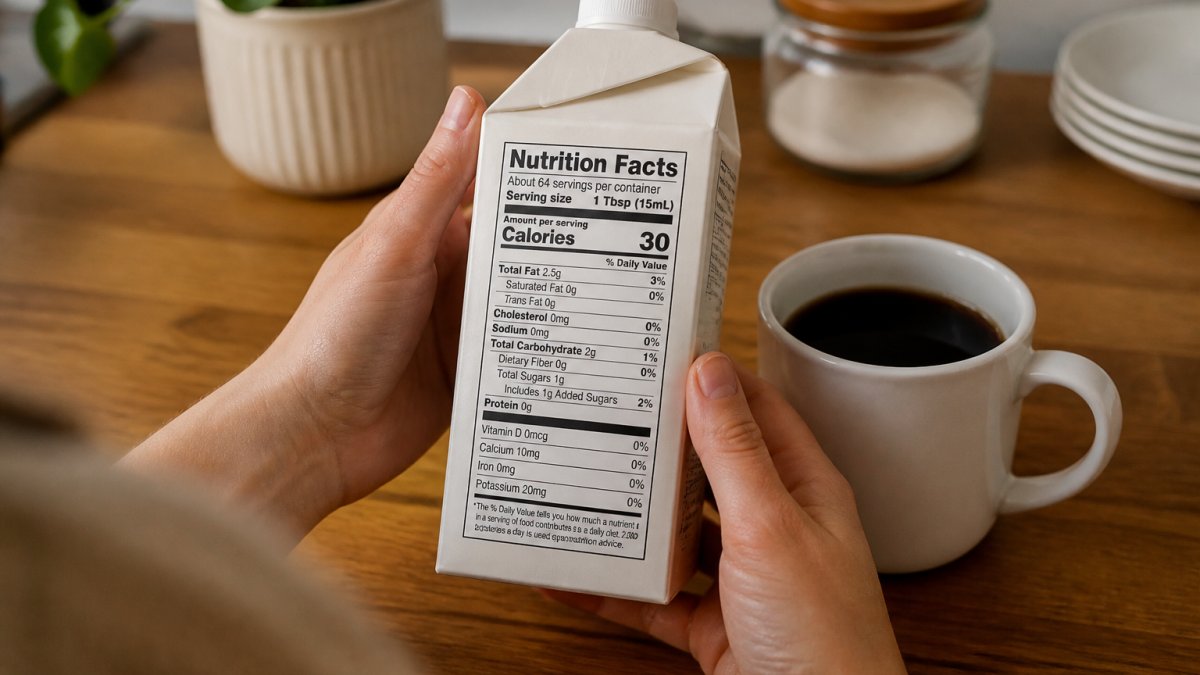 Close-up of two hands holding a carton of plant-based coffee creamer next to a white ceramic mug of black coffee on a wooden kitchen counter, with the nutrition label angled toward the camera