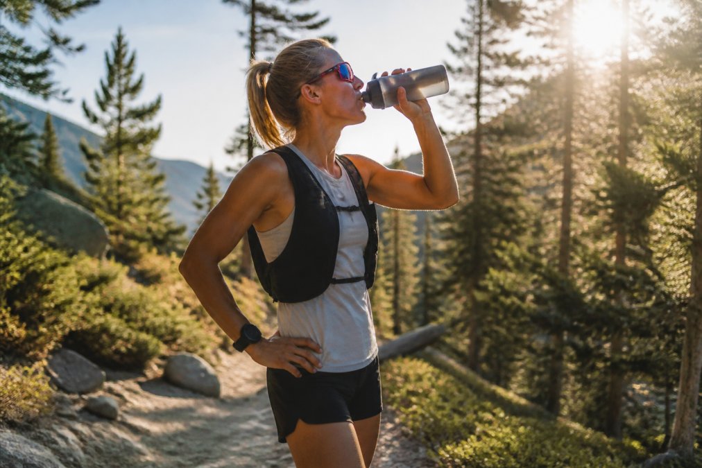 Endurance athlete in motion drinking from a hydration bottle during a long trail run through natural landscape with morning sunlight filtering through trees