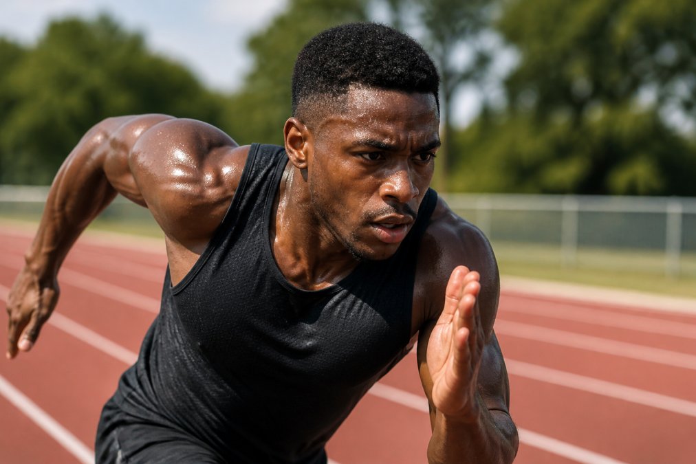 Athlete in mid-sprint during high-intensity interval training, visibly sweating with water droplets on skin and athletic gear, showing intense physical exertion in outdoor setting with natural sunlight