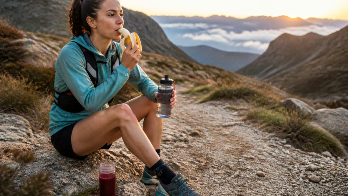 A trail runner in athletic gear eating a banana and drinking from a water bottle at sunrise on a mountain trail, with a small container of beetroot juice nearby