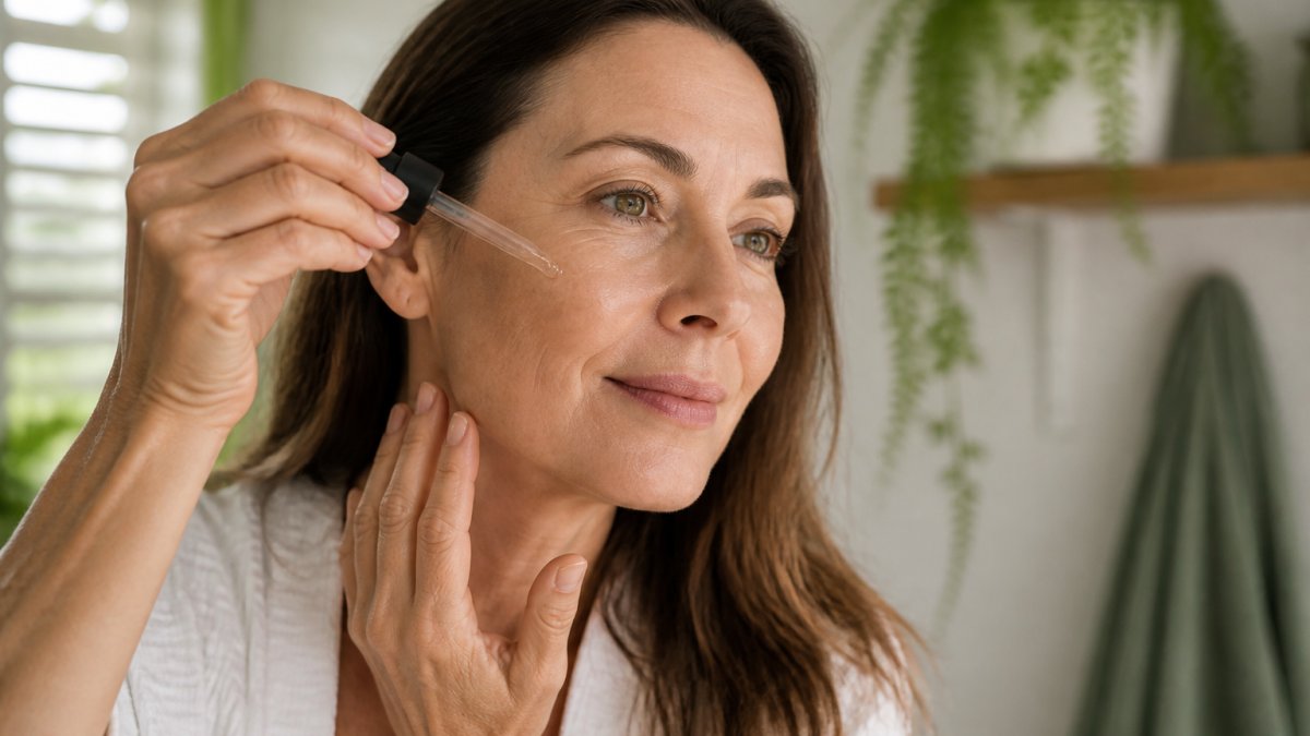 Close-up of a woman in her forties gently applying a drop of serum to her cheek, soft natural light, calm bathroom setting with green plants blurred in the background