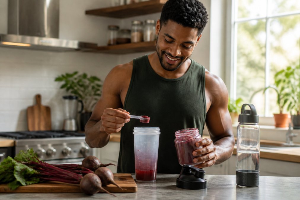 A plant-based athlete in a bright kitchen measuring beetroot powder and mixing a pre-workout drink in a shaker bottle, with fresh beets and a water bottle on the counter