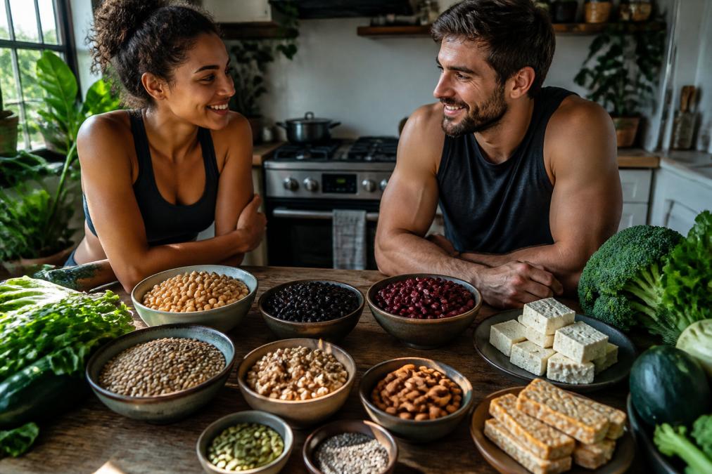 Overhead flat-lay of various plant-based protein sources including cooked lentils, chickpeas, black beans, kidney beans, tofu, tempeh, nuts, seeds, and fresh vegetables arranged on a wooden surface with natural sunlight
