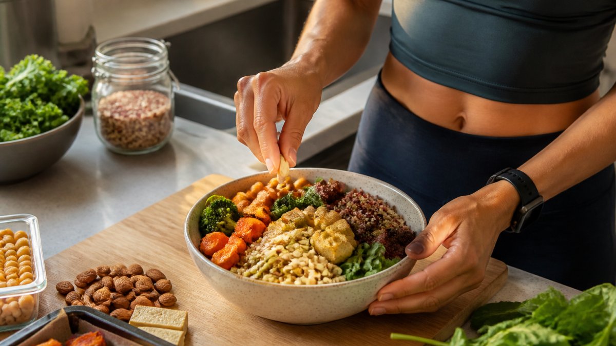 Plant-based runner preparing a colorful meal bowl with quinoa, roasted vegetables, tofu, cubed nuts, and fresh greens on a bright kitchen counter with natural morning light