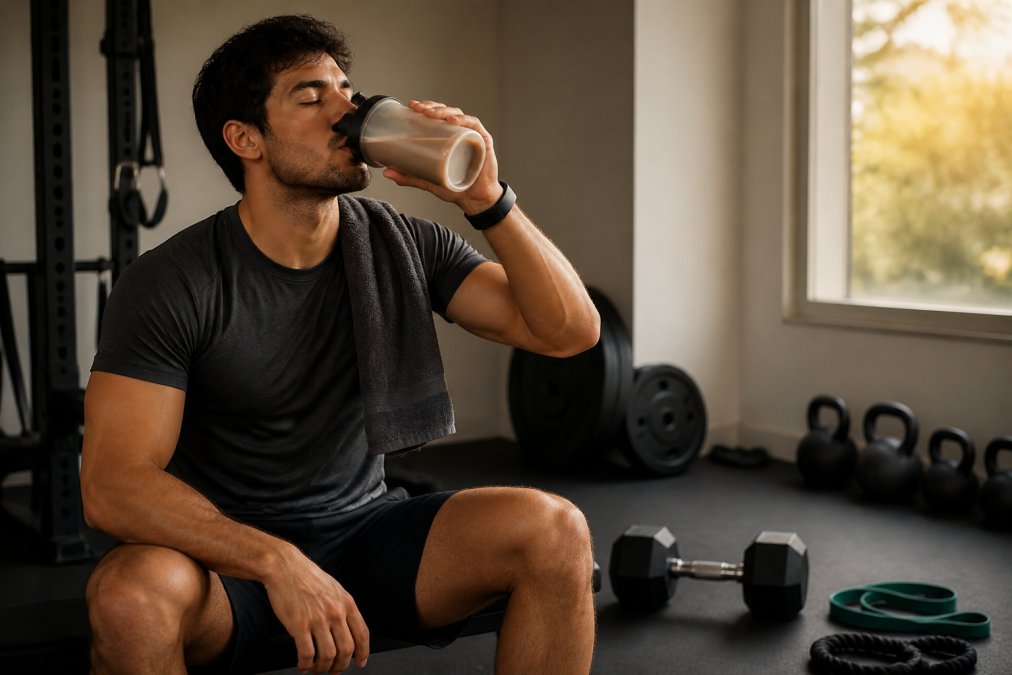 Athlete in home gym setting drinking a plant-based protein shake after an intense workout, with dumbbells and resistance bands visible in natural afternoon light
