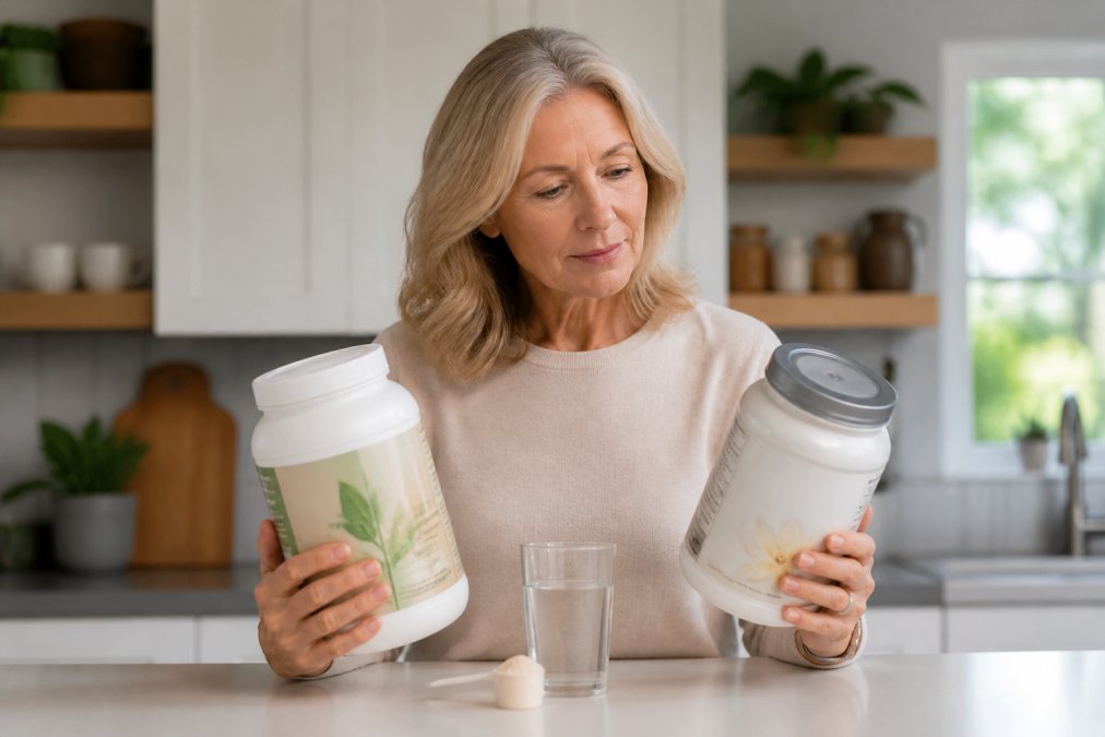 A woman in her fifties sitting at a bright kitchen counter with two protein powder containers, a glass of water, and a scoop, looking at the labels thoughtfully