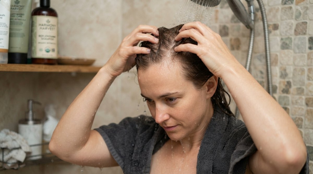 Person gently massaging scalp with fingertips under warm water, demonstrating soft, deliberate circular motions with relaxed shoulders and focused expression