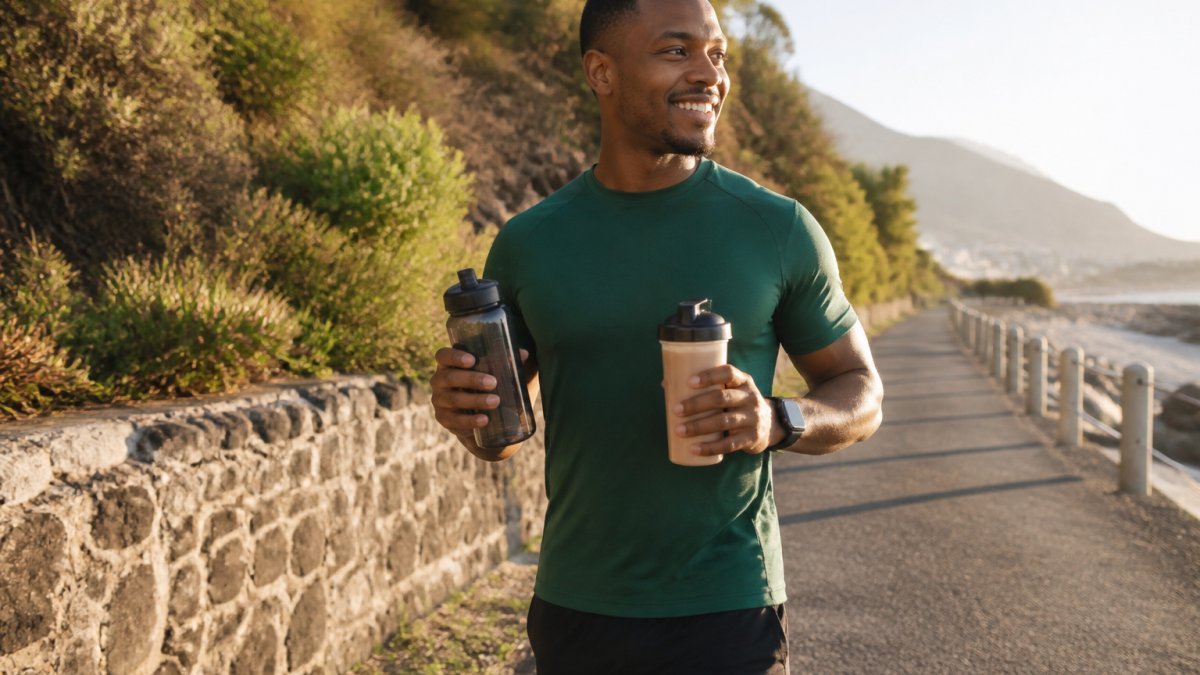 Plant-based distance runner hydrating with a protein shake outdoors after a long run, holding a water bottle and protein drink in natural afternoon light, wearing running gear