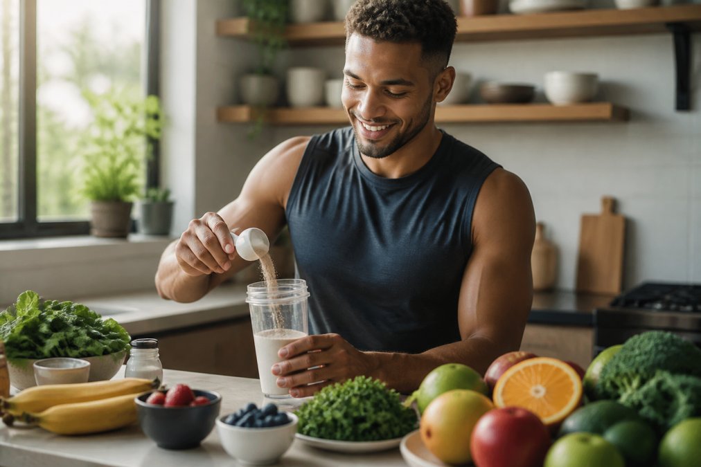 A runner in athletic gear preparing a plant-based protein shake in a bright kitchen, with fresh fruits and vegetables visible on the counter