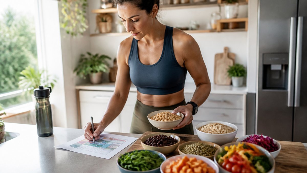 Endurance athlete preparing a plant-based meal with legumes, grains, and colorful vegetables on a kitchen counter, with a printed training schedule and water bottle visible nearby in natural kitchen lighting