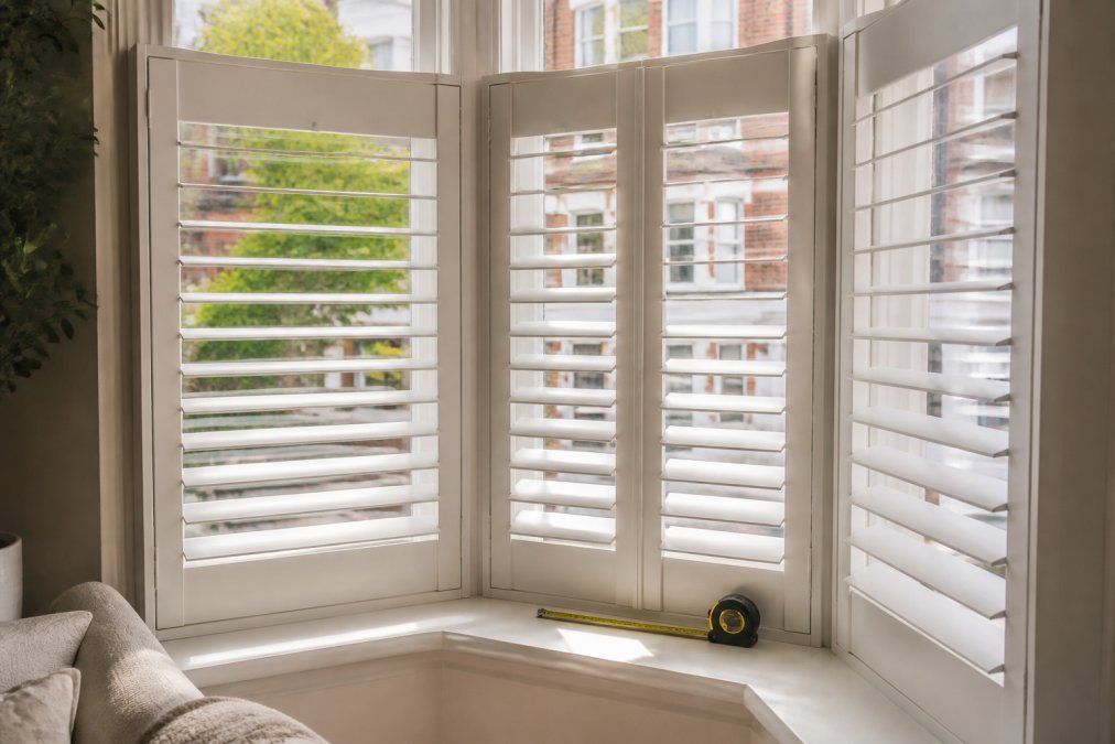 White plantation shutters for Victorian bay windows fitted into a curved corner frame with a tape measure on the sill.