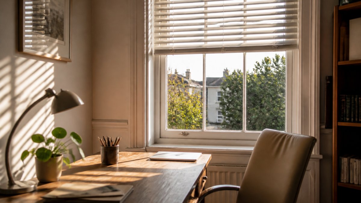 Venetian blind slats tilted for light control, reflecting warm afternoon sun onto a home office desk.