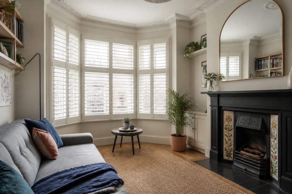 Interior of a Victorian terraced house living room with white bespoke plantation shutters fitted across a curved bay window, natural light filtering through the louvres