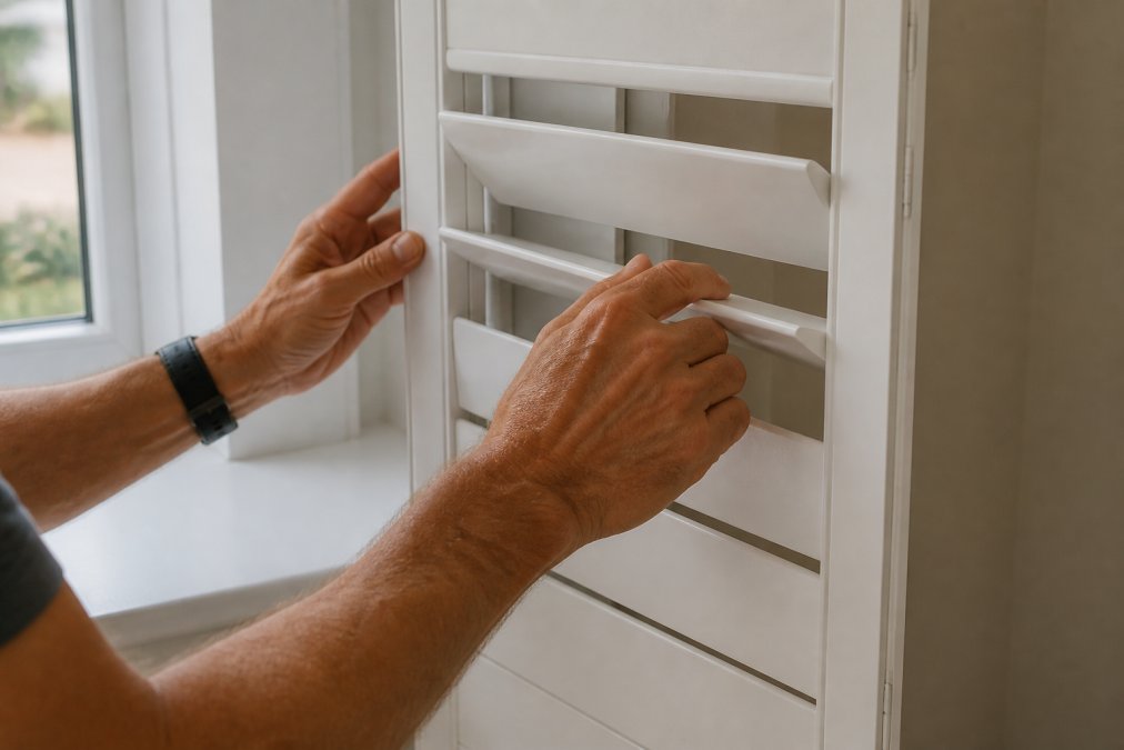 Close-up of a craftsman's hands adjusting the louvres on a freshly installed hardwood plantation shutter panel, showing fine joinery detail and a clean painted finish
