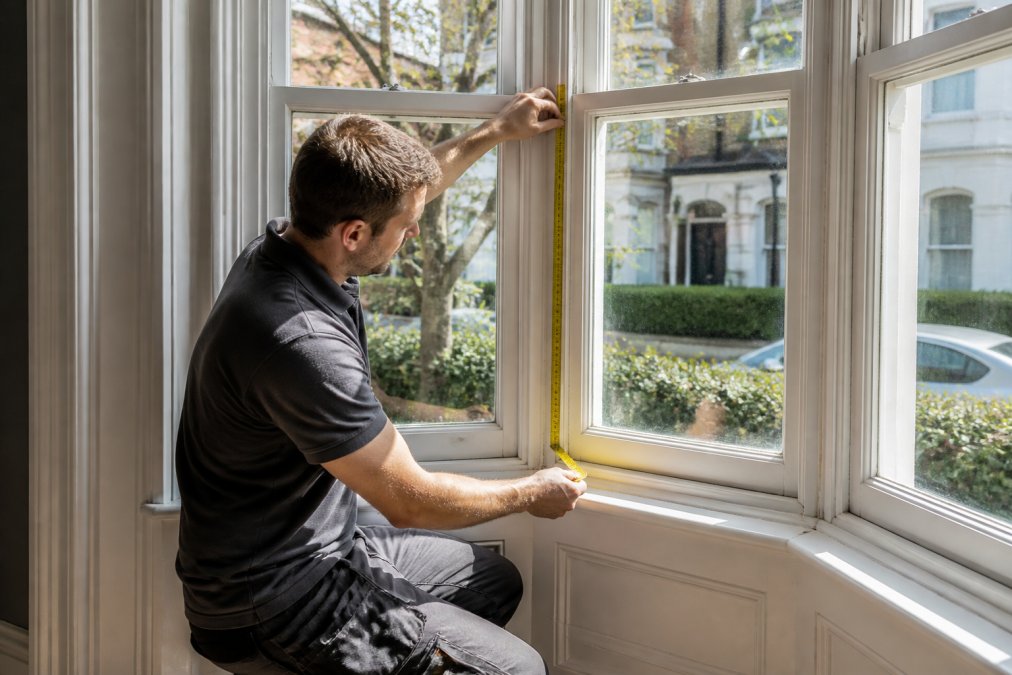 A fitter in a London period property measuring the angled corner of a bay window frame with a tape measure, natural light streaming in