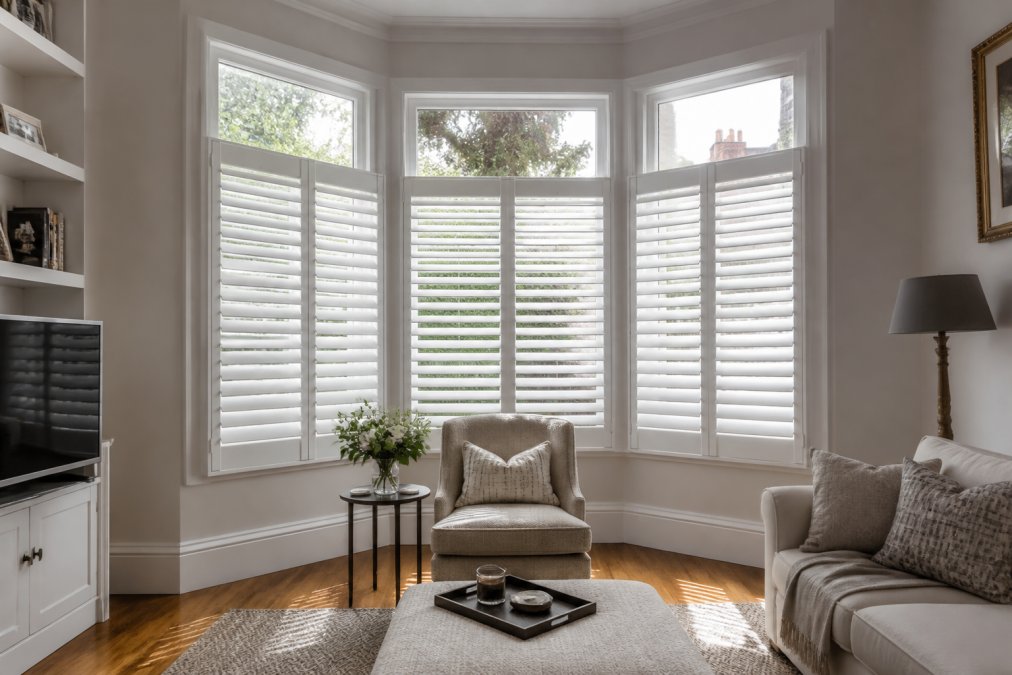 A bright living room in a period London property with elegant white plantation shutters fitted on a bay window, natural light filtering through the louvres onto hardwood floors