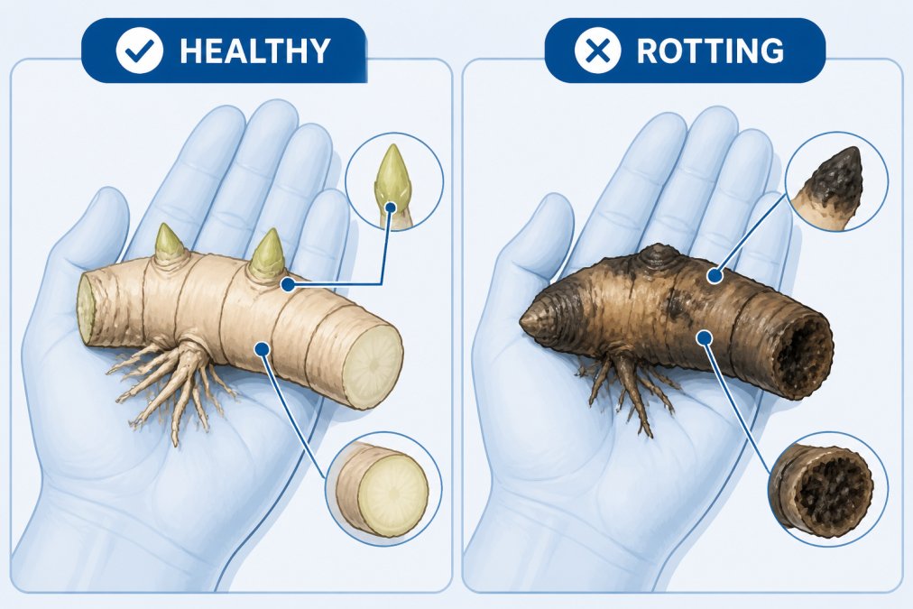Side-by-side close-up of a firm, pale-tan healthy iris rhizome with visible growth buds in one palm, and a soft, discolored rotting rhizome showing dark spots and mushy texture in another palm, demonstrating the clear visual difference