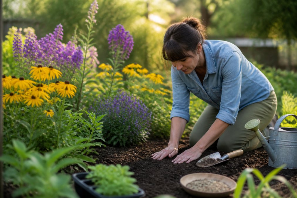 A gardener kneeling in a sunny backyard garden bed, pressing wildflower seeds into rich dark soil with their hands, surrounded by blooming native flowers in purple and yellow