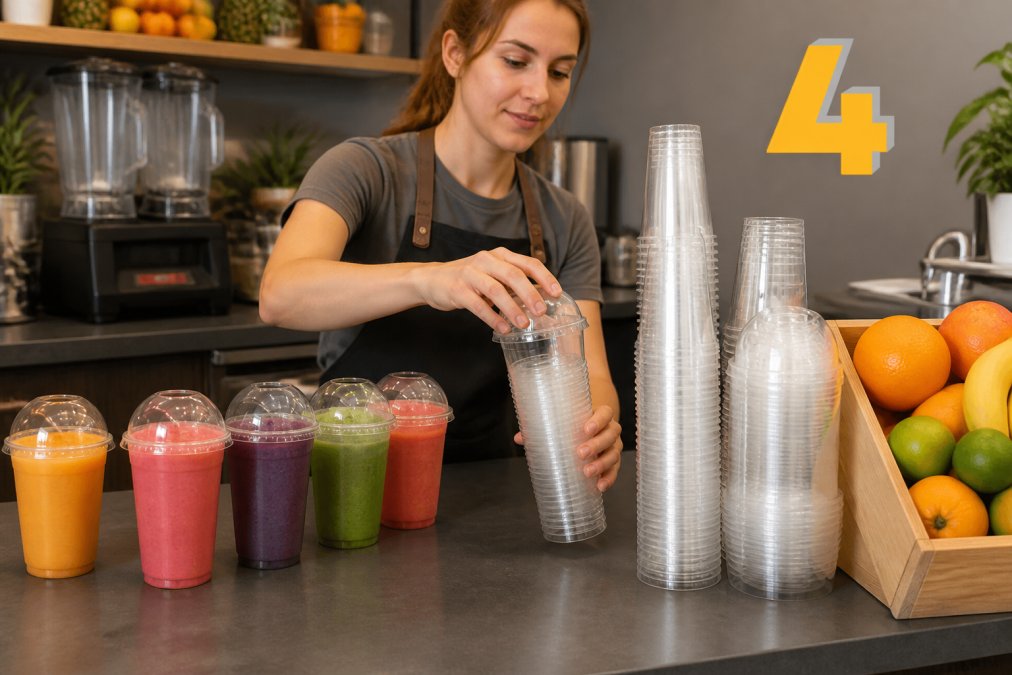 Cafe staff member filling clear plastic cups with lids at a busy juice bar counter