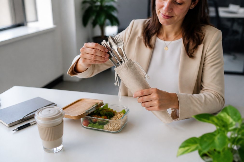 Professional unpacking a reusable stainless steel utensil set for a plastic free office lunch at their desk.