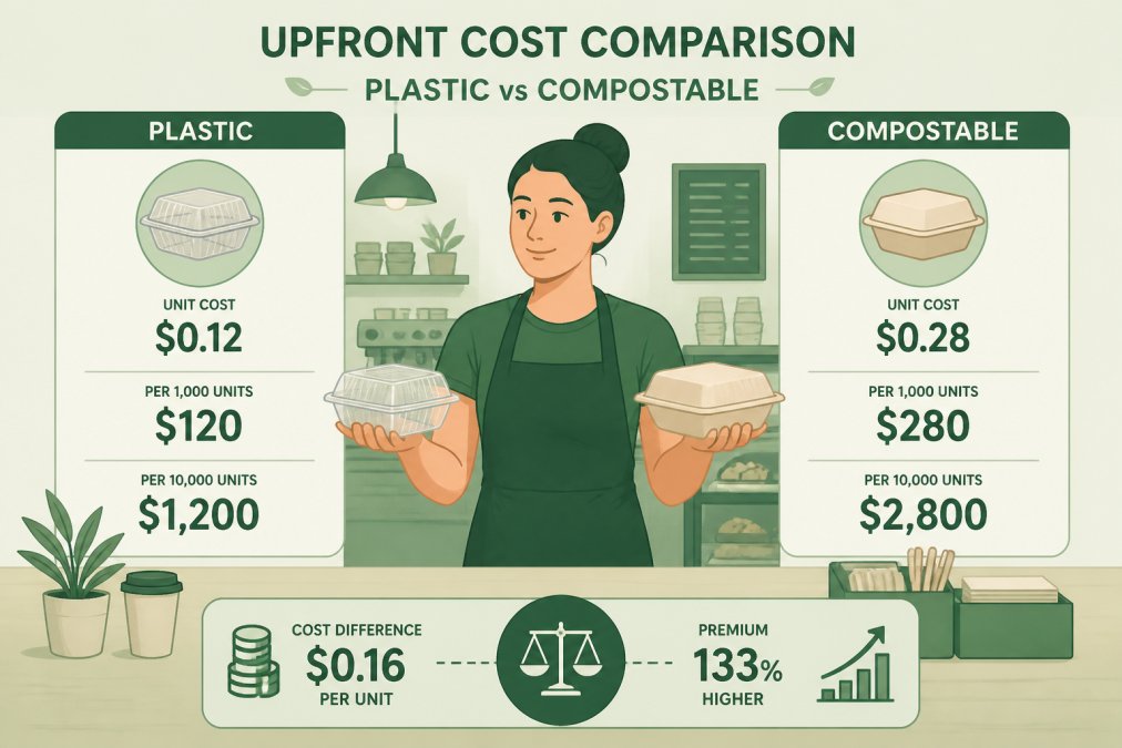 Cafe owner or staff member comparing packaging options side by side on a counter, holding a compostable container in one hand and plastic in the other, with natural cafe lighting