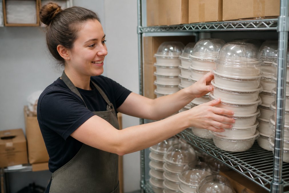 Cafe worker stacking branded compostable takeaway containers in a storage area, showing organised packaging inventory