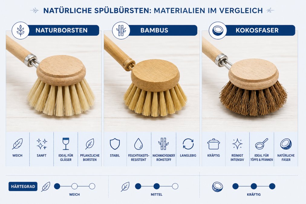 Close-up arrangement of three natural dish brushes displayed side by side on a light wooden surface: one with beige natural bristles and wooden handle, one with bamboo construction, and one with coconut fiber bristles, showing distinct textures and material differences in natural daylight